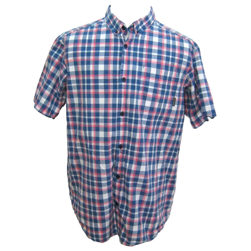 Columbia Shirt Mens Large Blue Red Plaid Short Sleeve Button Front 100% Cotton